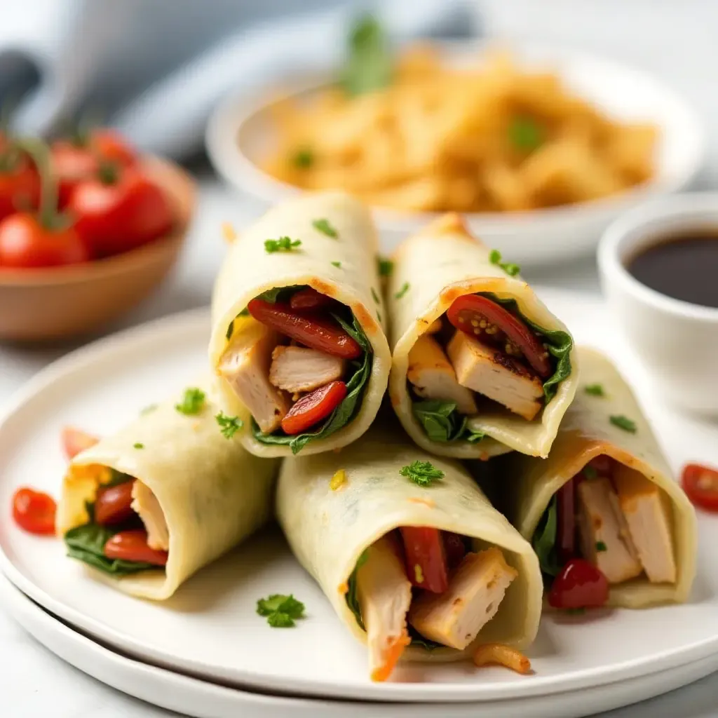 a photo of spring rolls with grilled chicken, pesto, and sun-dried tomatoes, served with balsamic glaze.