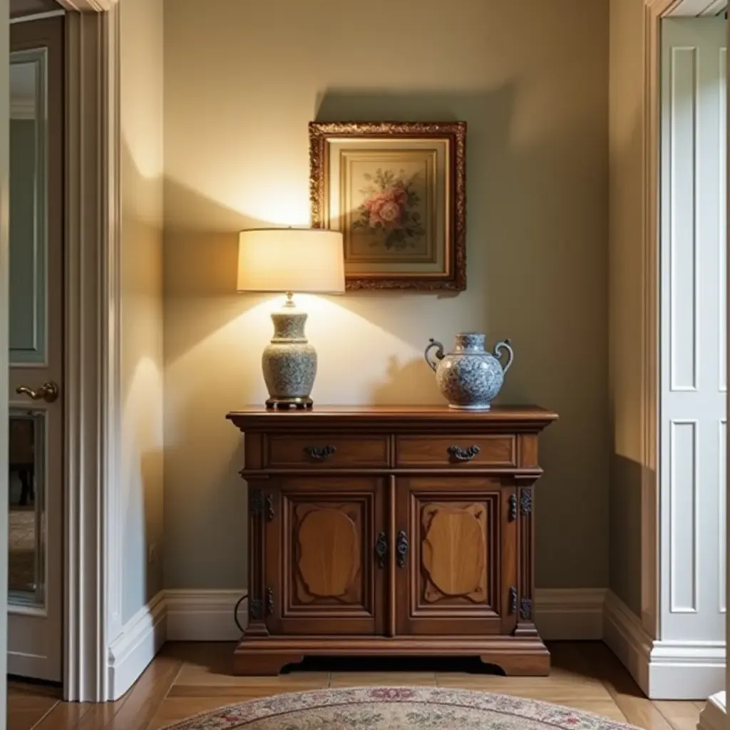 a photo of an antique wooden console table with a vintage lamp in a hallway