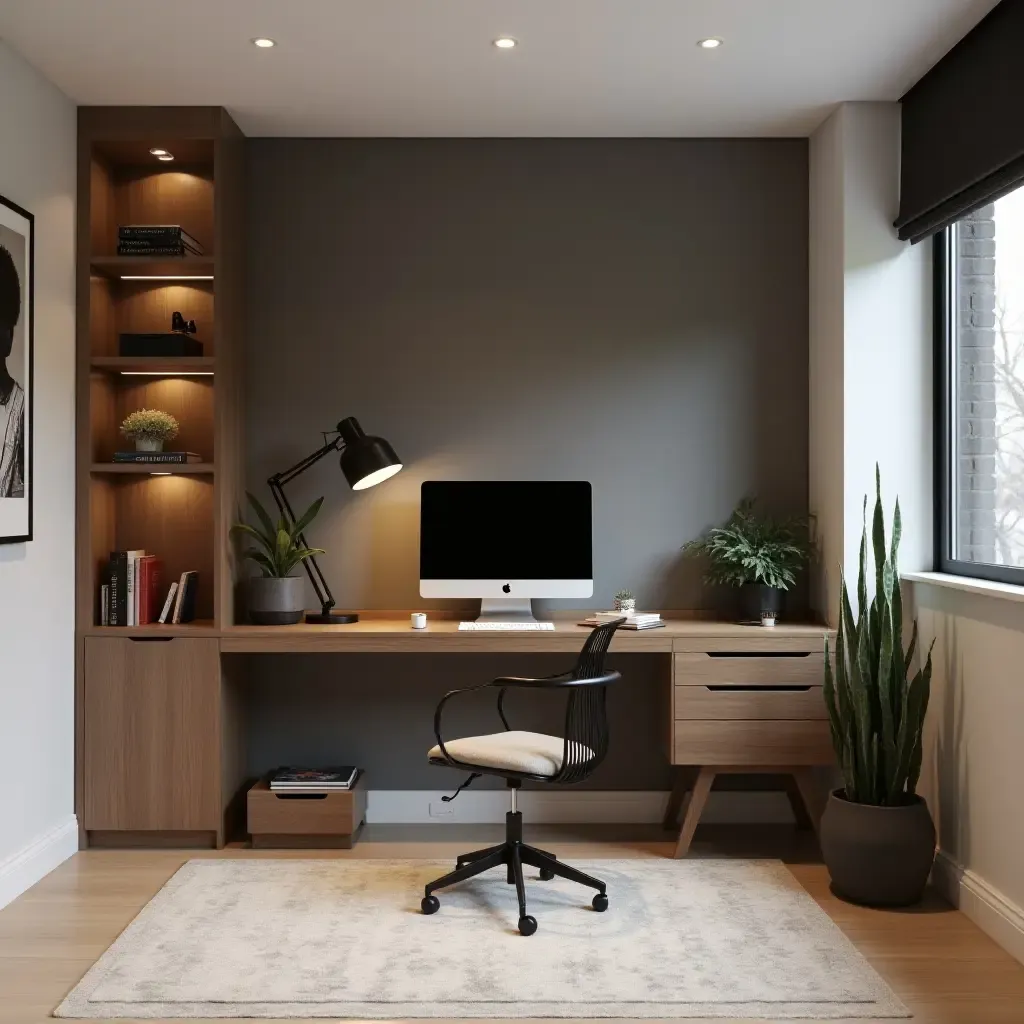 a photo of a sleek basement home office with a modern desk