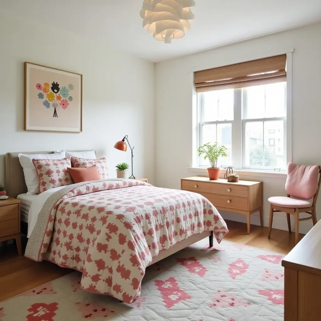 a photo of a delightful kids&#x27; bedroom with vintage quilts and modern furniture