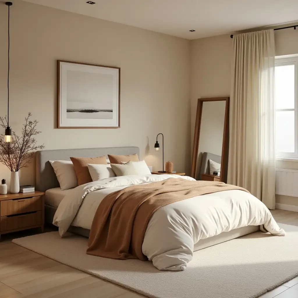 a photo of a cozy cream and caramel bedroom with warm textures