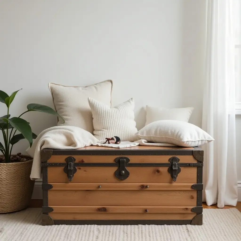 a photo of a nursery with a vintage trunk as storage