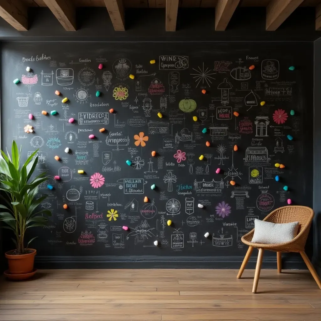 a photo of a basement wall with a chalkboard art display and colorful chalks