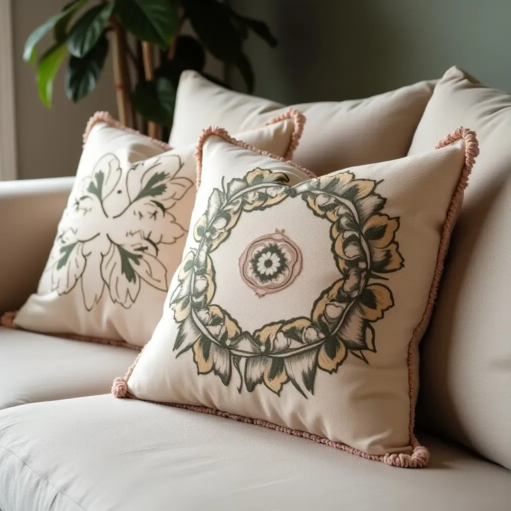 a photo of a comfortable sofa adorned with embroidered pillows