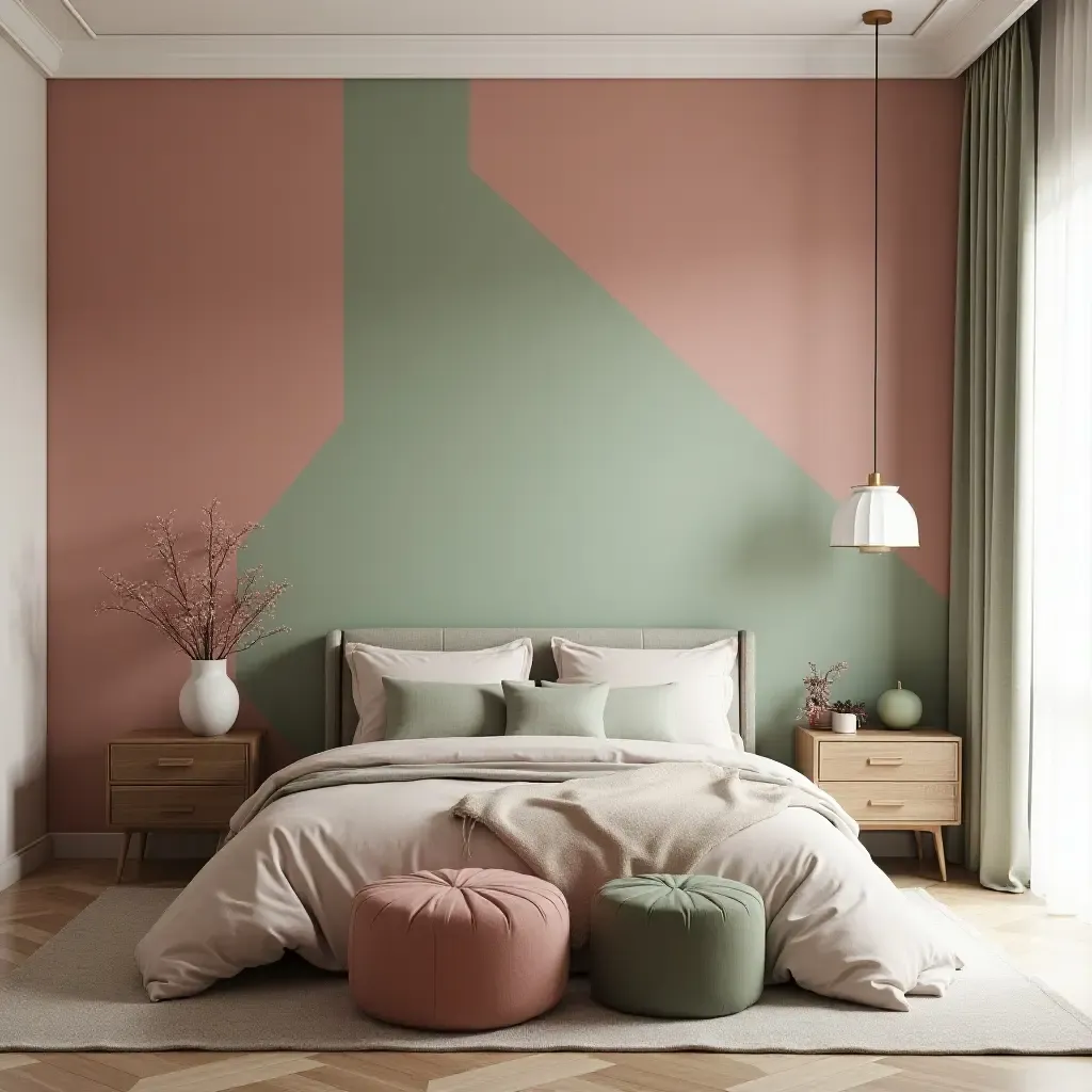 a photo of a chic bedroom with dusty pink and green geometric patterns