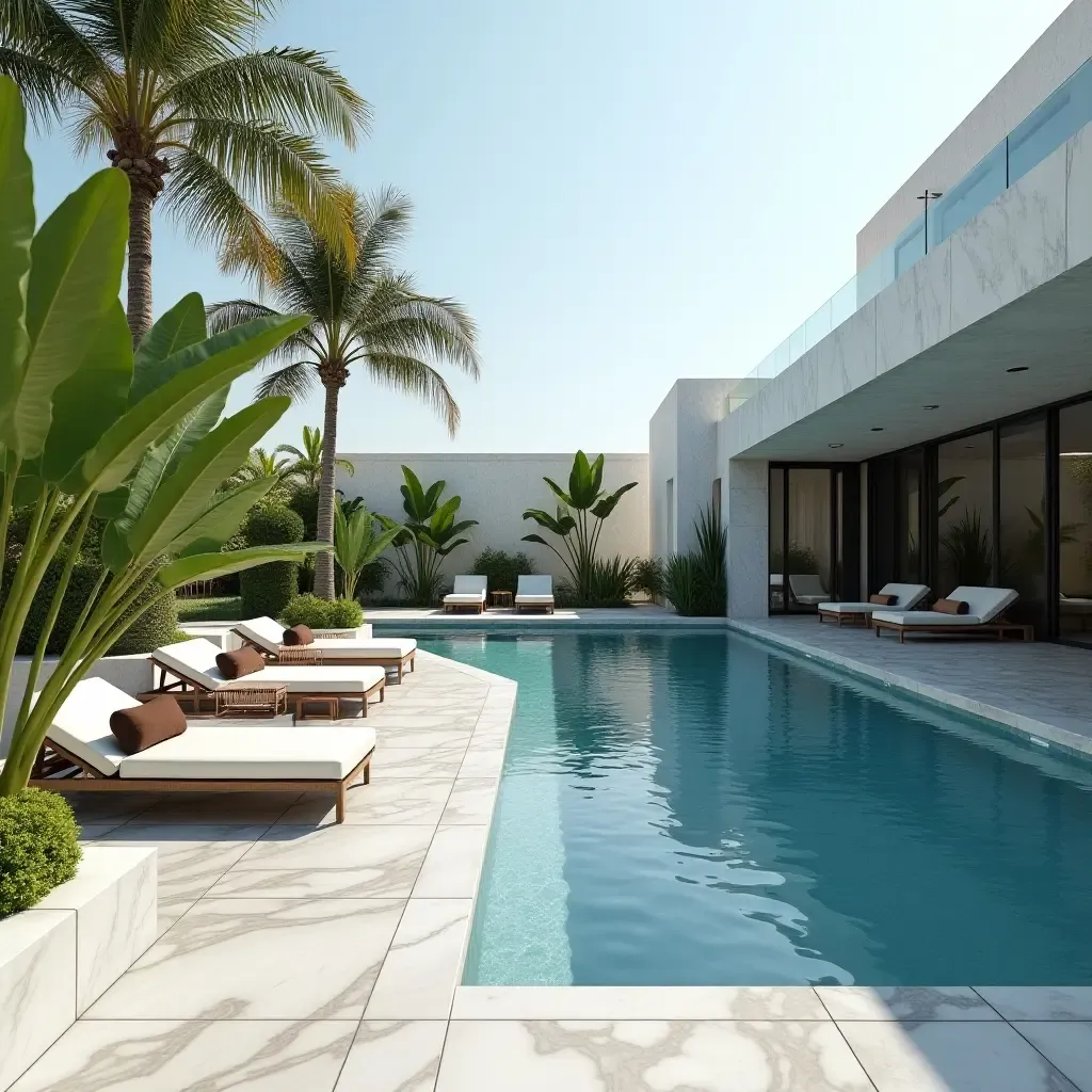 a photo of a luxurious marble pool deck with elegant lounge chairs and tropical plants