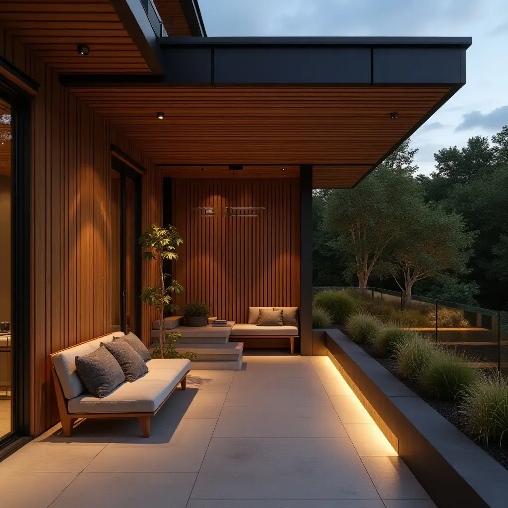 a photo of a balcony with a wooden privacy screen and soft lighting