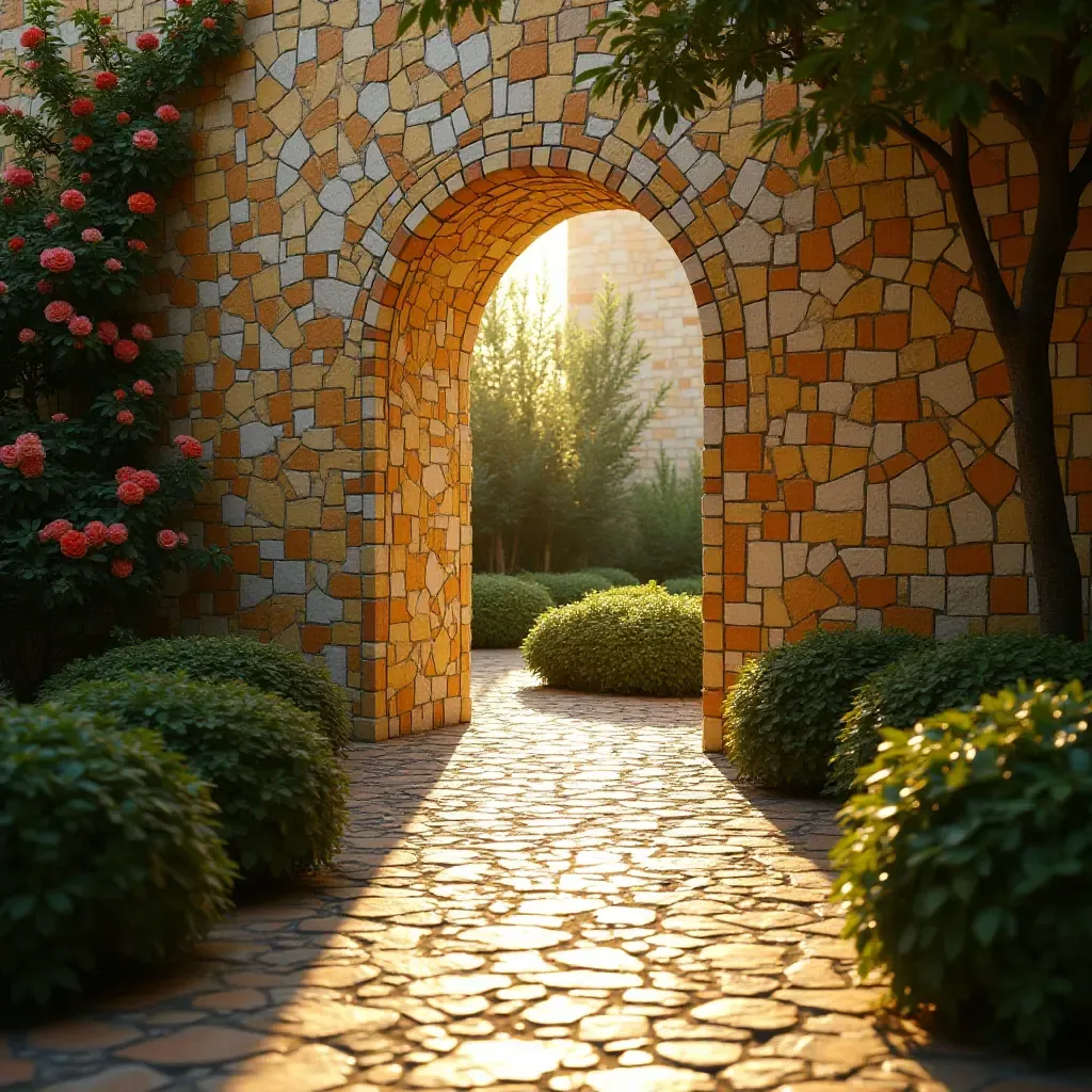 a photo of a mosaic-tiled garden wall reflecting sunlight