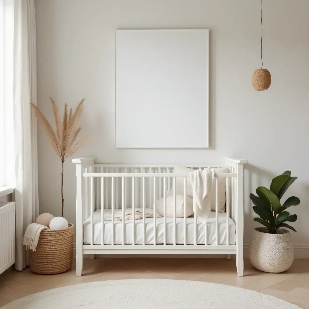 a photo of a nursery with a modern crib and elegant accessories