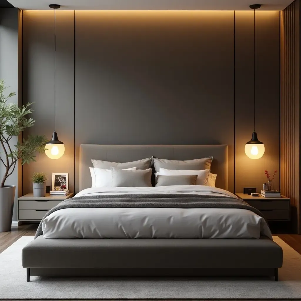 a photo of a modern bedroom with sleek pendant lighting above the bed