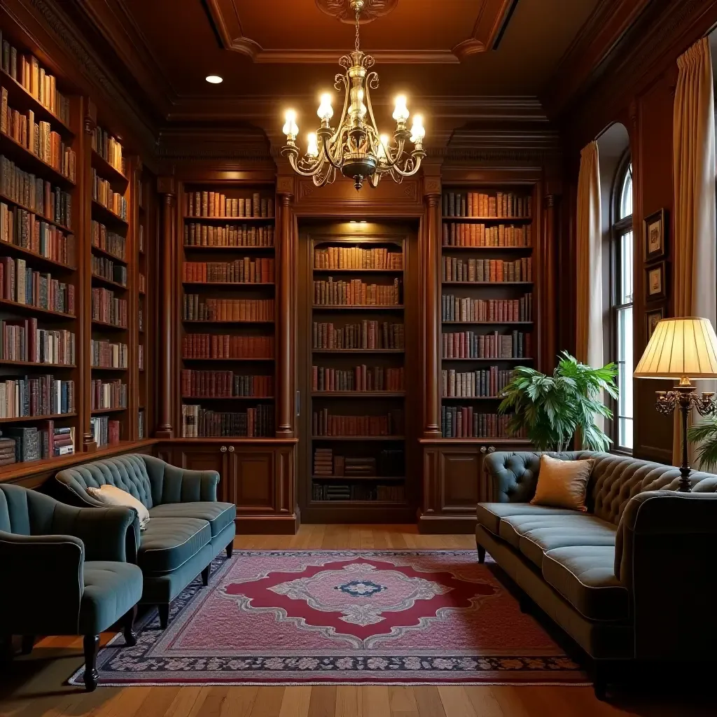 a photo of a vintage library featuring a grand chandelier and rich wood tones