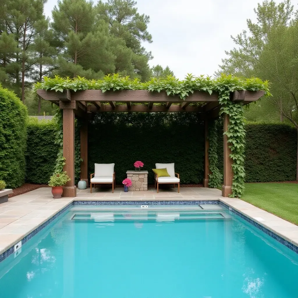 a photo of a farmhouse-inspired pool area featuring a wooden pergola and climbing vines