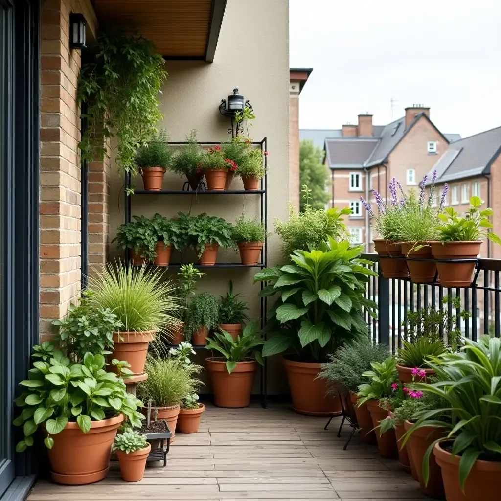 a photo of a balcony garden featuring vertical planters and whimsical sculptures