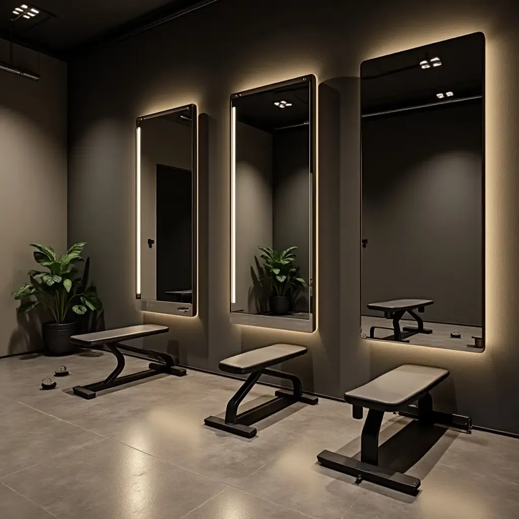 a photo of a basement gym with metallic wall mirrors