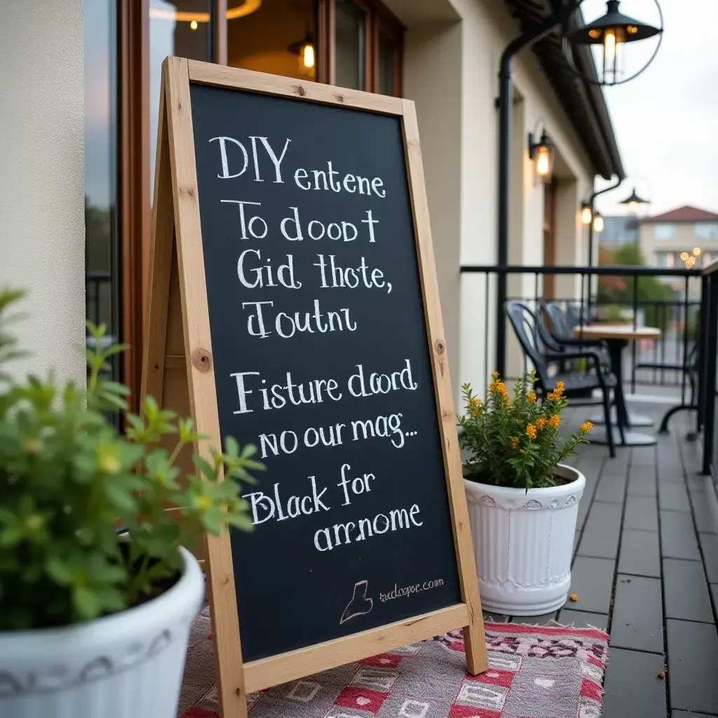 a photo of a balcony with a DIY outdoor chalkboard for messages