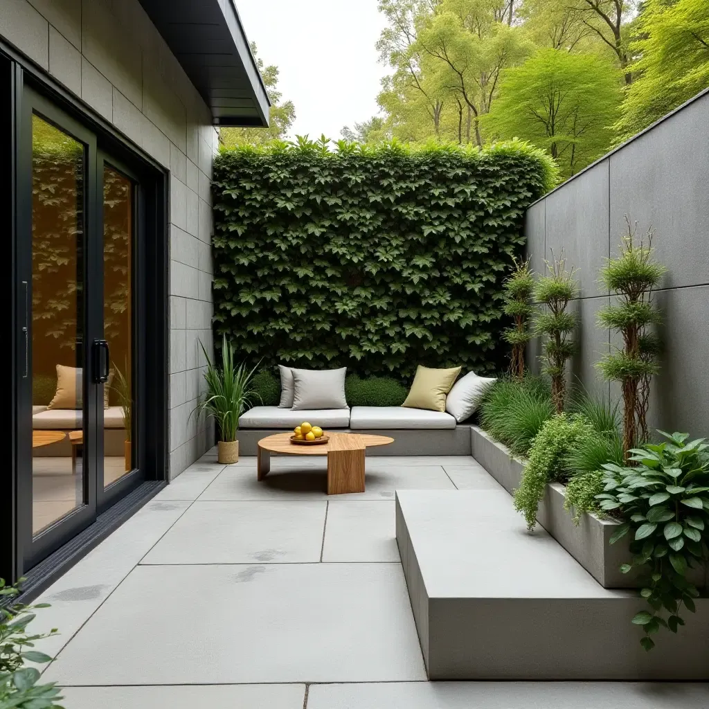 a photo of a concrete patio with a vertical garden and cozy seating