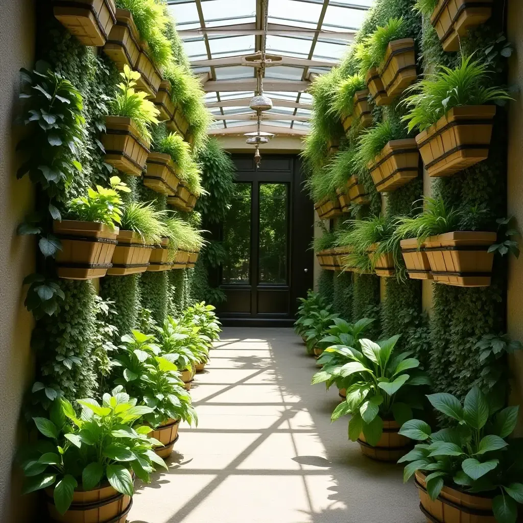 a photo of a corridor garden wall with hanging planters and herbs