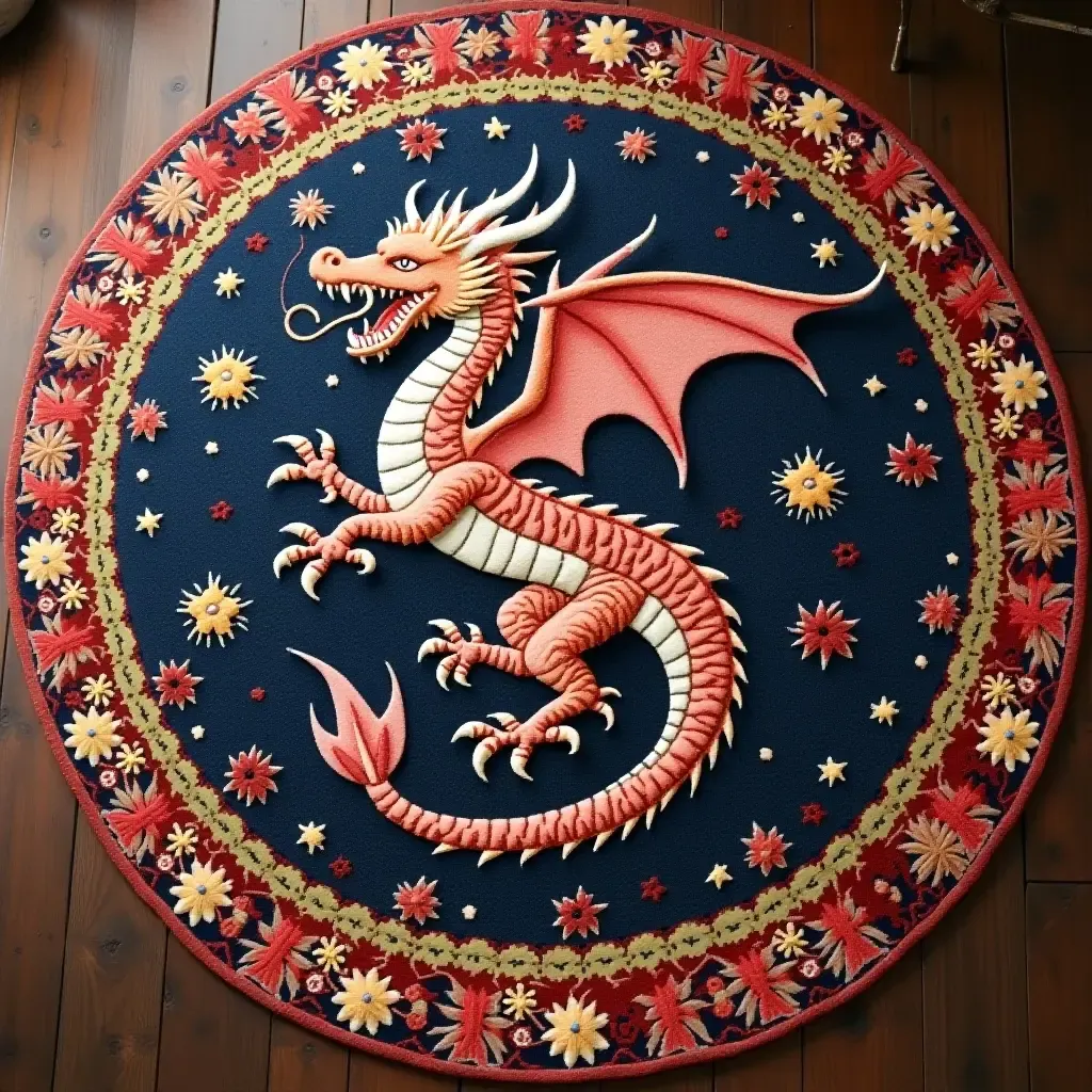 a photo of a rug featuring a magical dragon design for fantasy lovers