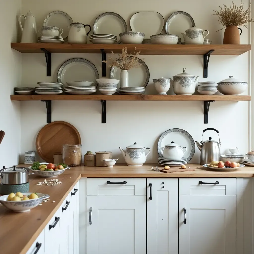 a photo of a kitchen with vintage dishes displayed on open shelves