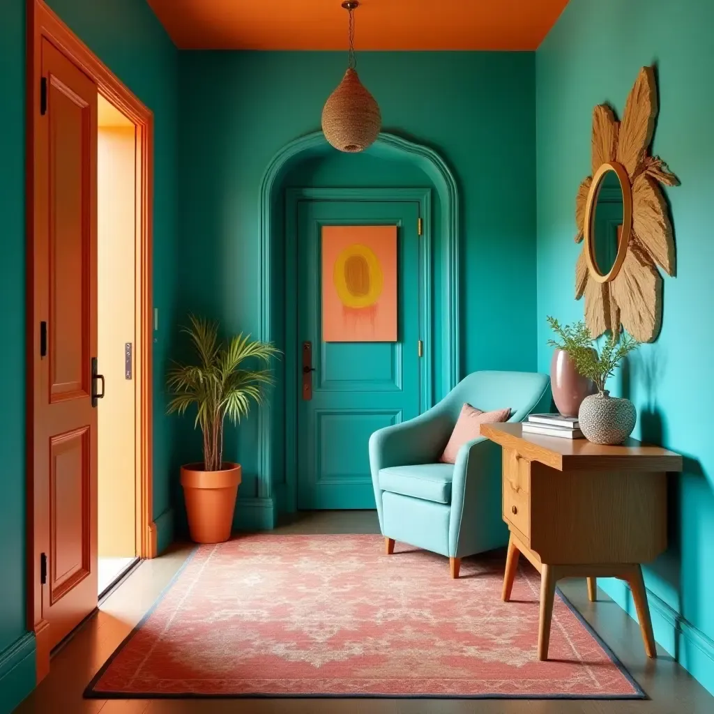 a photo of a lively turquoise and orange entrance hall with eclectic decor