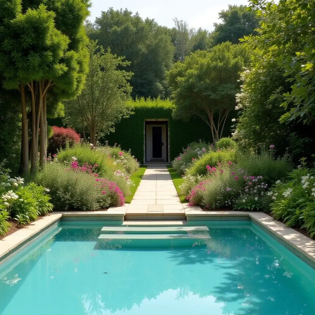 a photo of a peaceful poolside garden with simple pathways and flowers