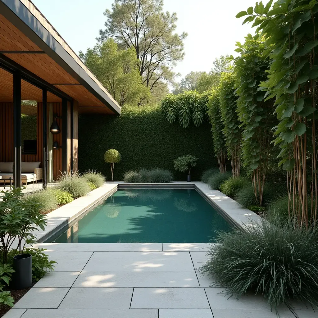 a photo of a poolside garden featuring industrial elements