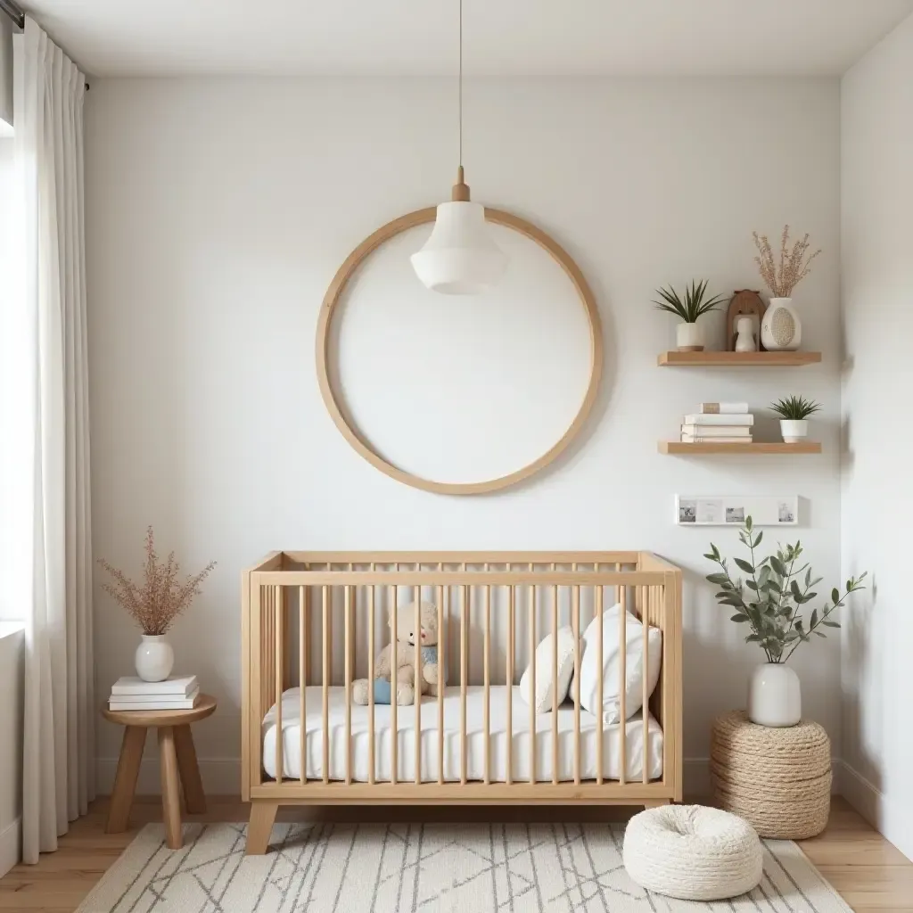 a photo of a nursery showcasing a combination of wood and metal decor