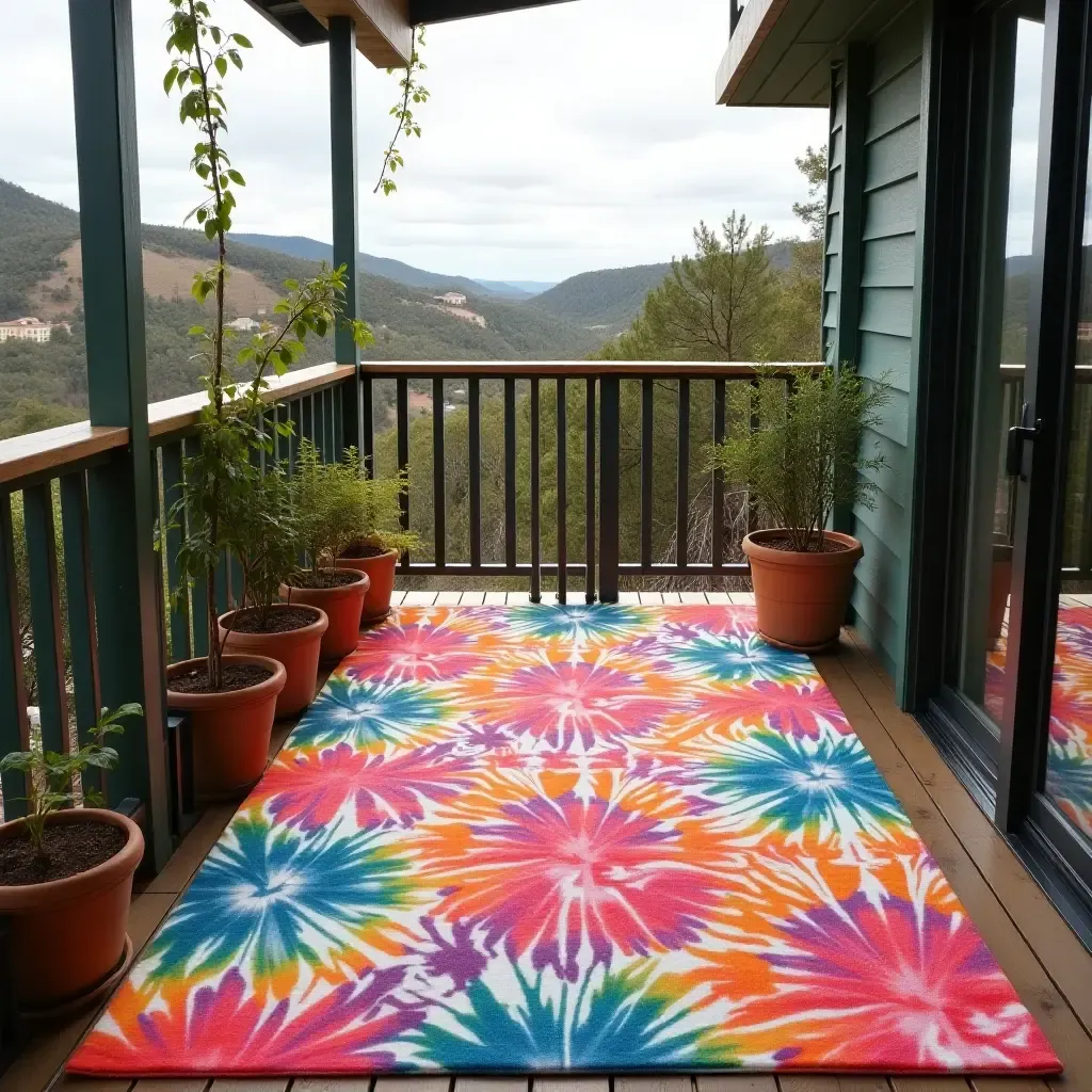 a photo of a vibrant tie-dye rug on a laid-back balcony