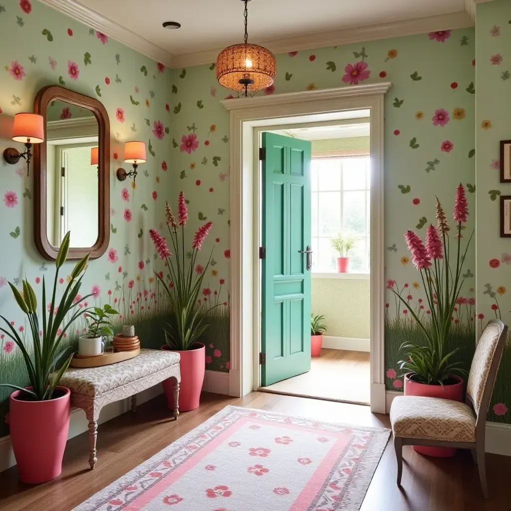 a photo of a whimsical entrance hall with a garden-themed wallpaper and colorful accents