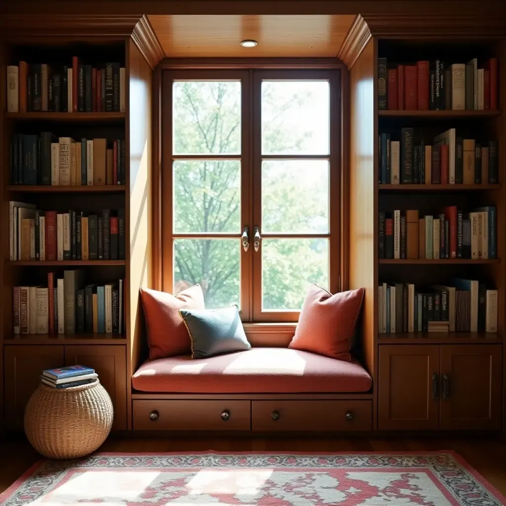 a photo of a small library featuring a cozy window seat