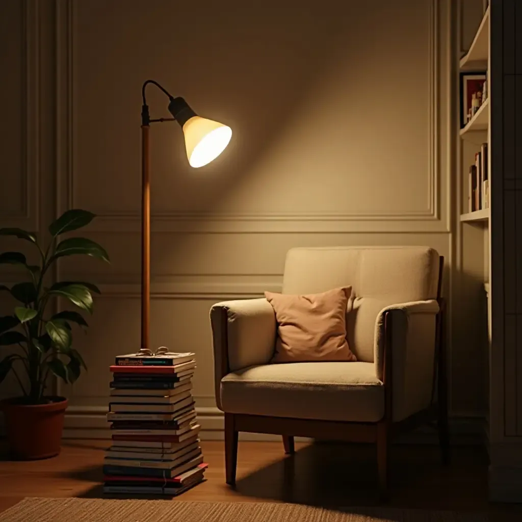 a photo of a reading nook featuring a floor lamp and a stack of books