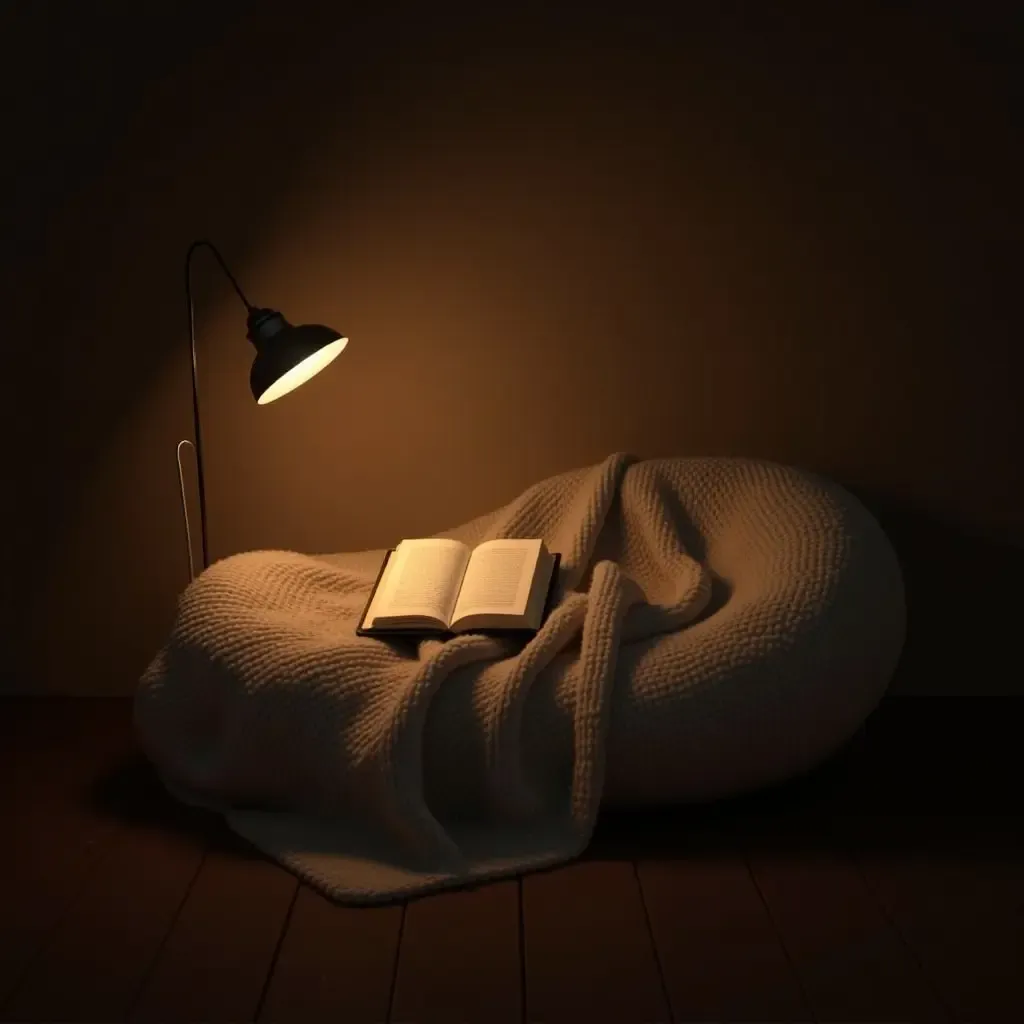 a photo of a reading nook with a cozy blanket and a reading lamp