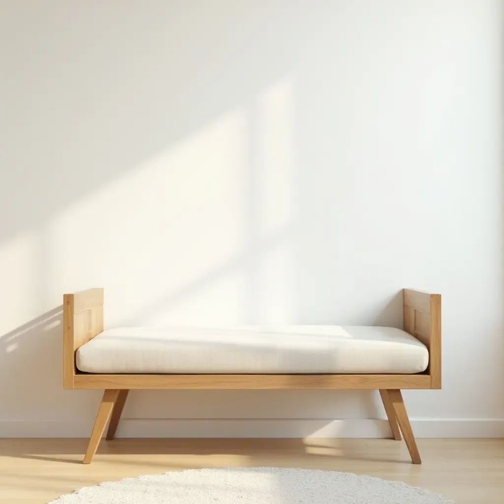 a photo of a wooden bench in a bright nursery corner