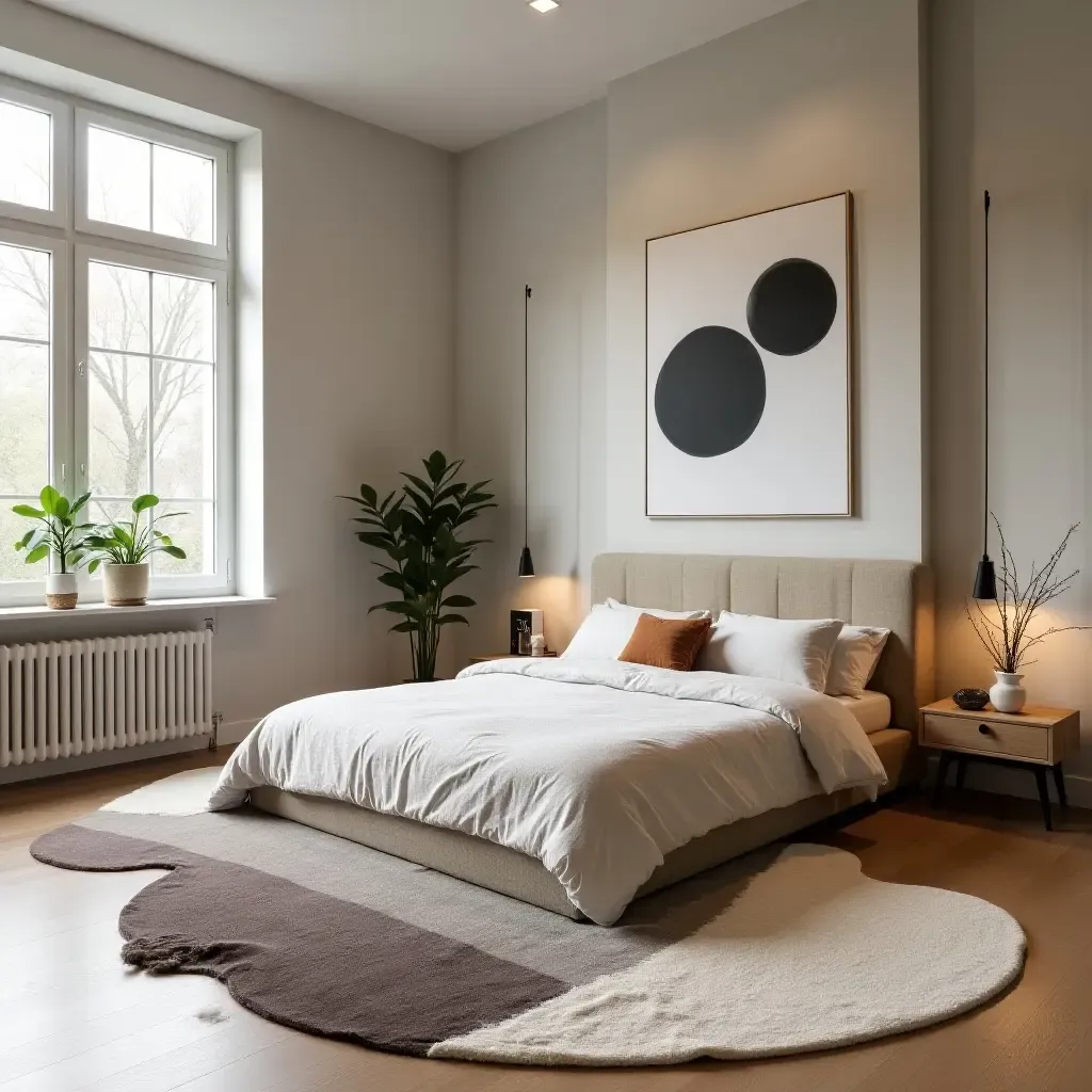 a photo of a unique asymmetrical rug in a trendy bedroom layout