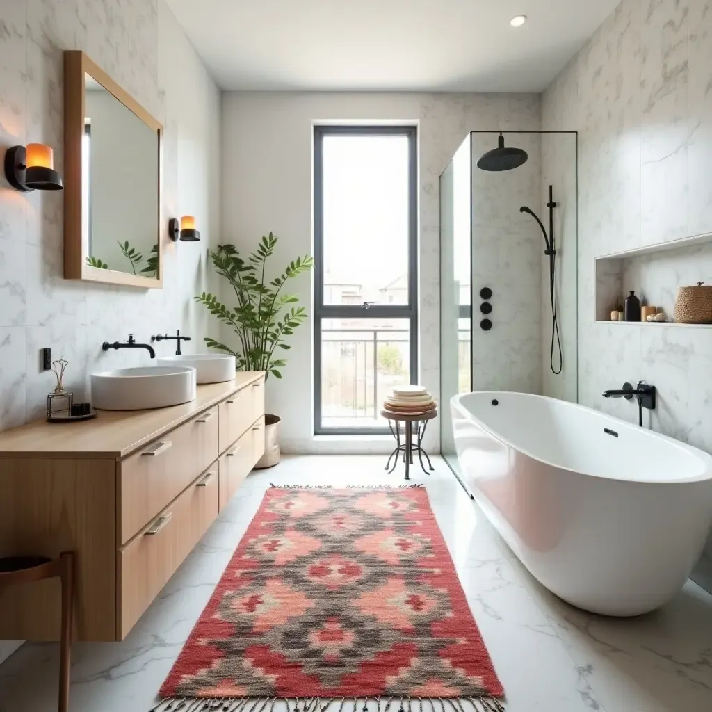 a photo of a trendy kilim rug in a modern bathroom