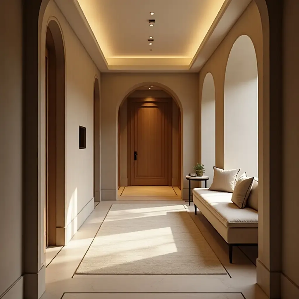 a photo of a welcoming corridor with a plush bench and cushions