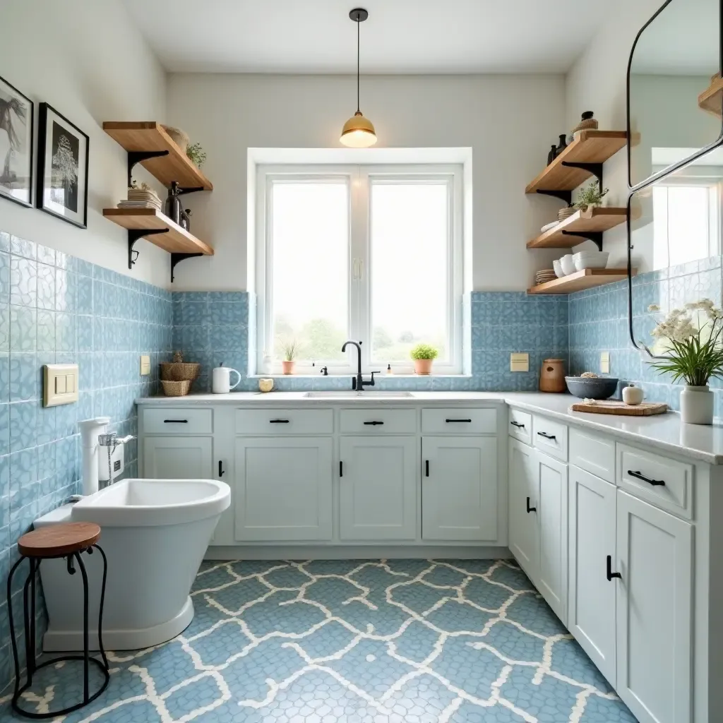 a photo of a cozy kitchen with blue and white ceramic tiles