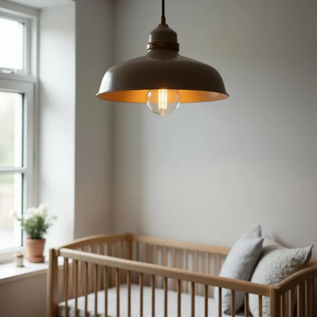 a photo of a sleek metal pendant light in an industrial-style nursery