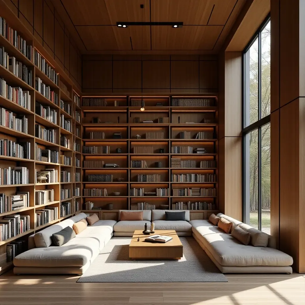 a photo of a spacious library featuring open shelving and comfortable seating