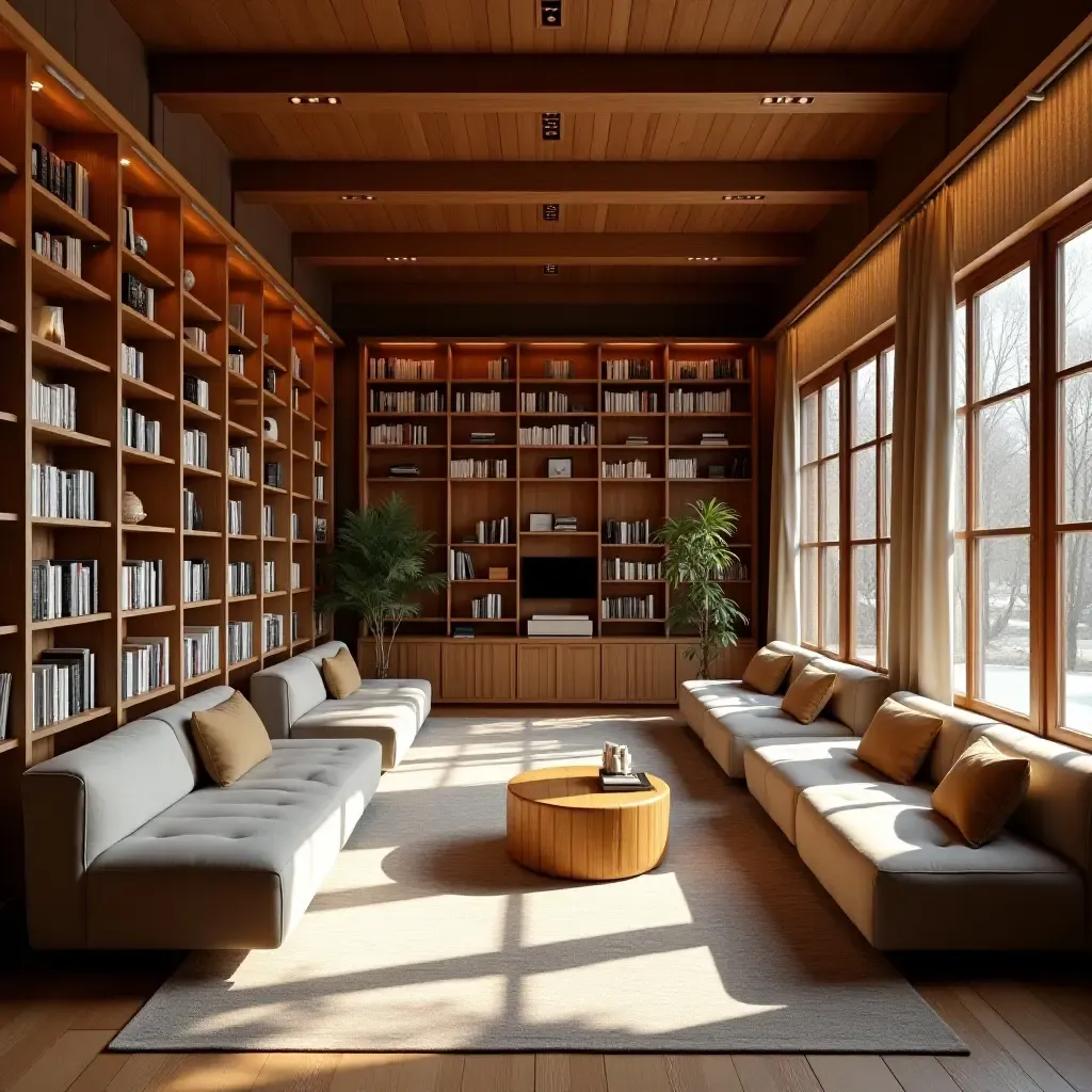 a photo of a library with wooden decor and inviting seating