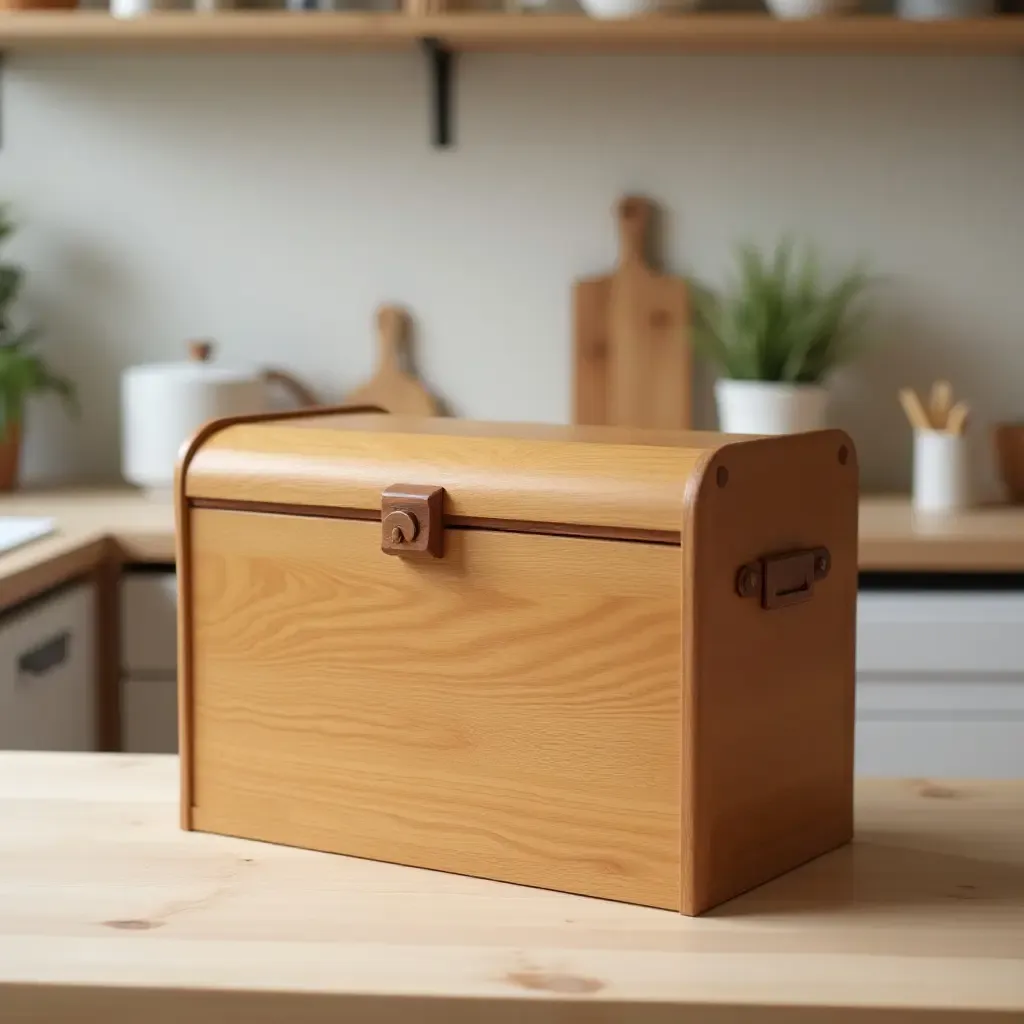 a photo of a wooden bread box on a kitchen counter