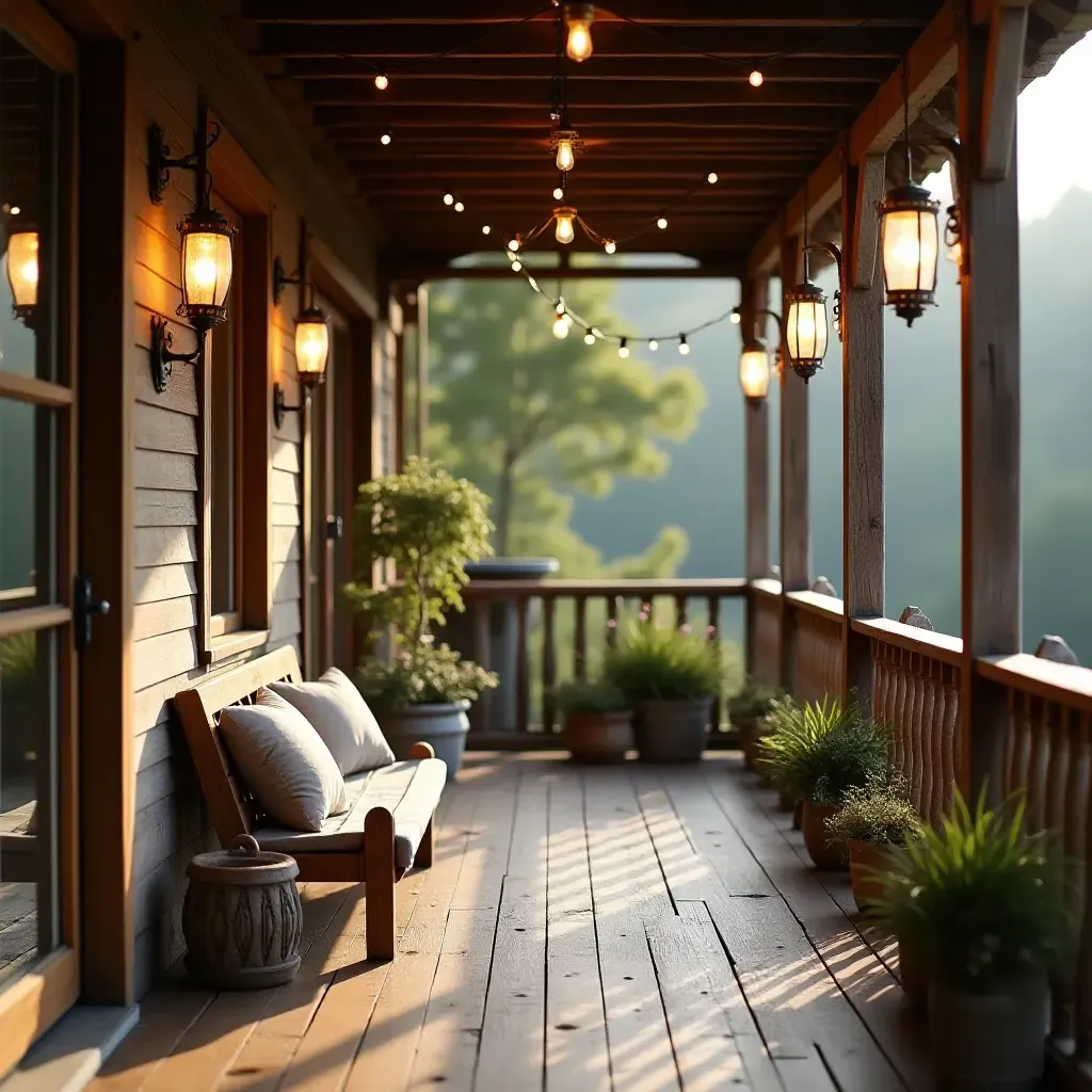 a photo of a rustic balcony with a wooden bench and hanging lanterns