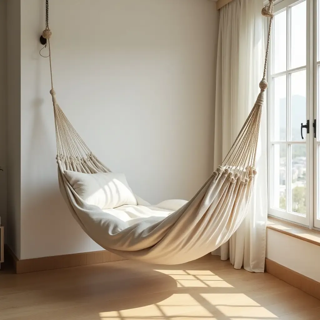 a photo of a soft, inviting hammock strung in a corner of the room