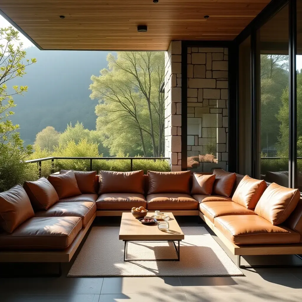 a photo of a balcony featuring a cozy seating area with leather cushions