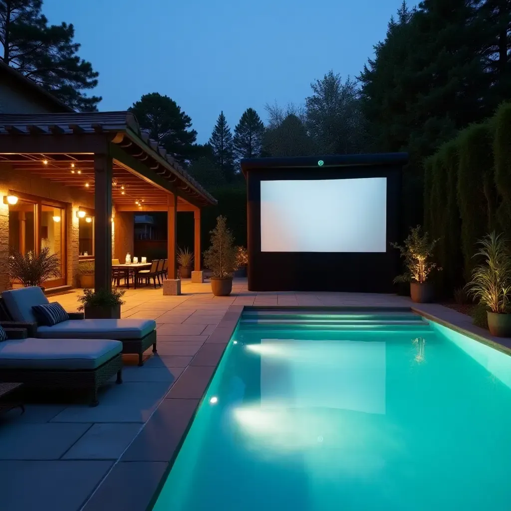 a photo of a chic outdoor cinema setup next to a sparkling pool