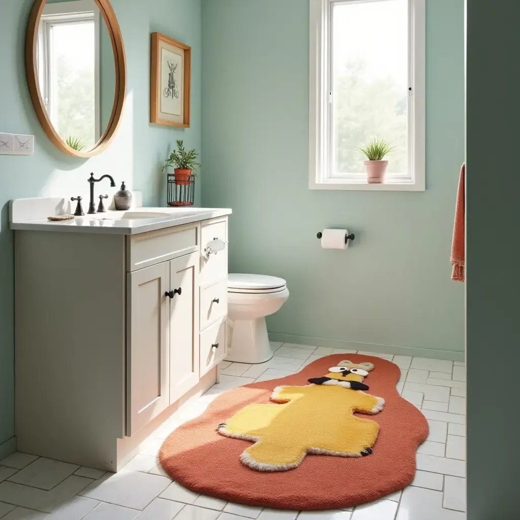 a photo of a whimsical cartoon rug in a playful bathroom