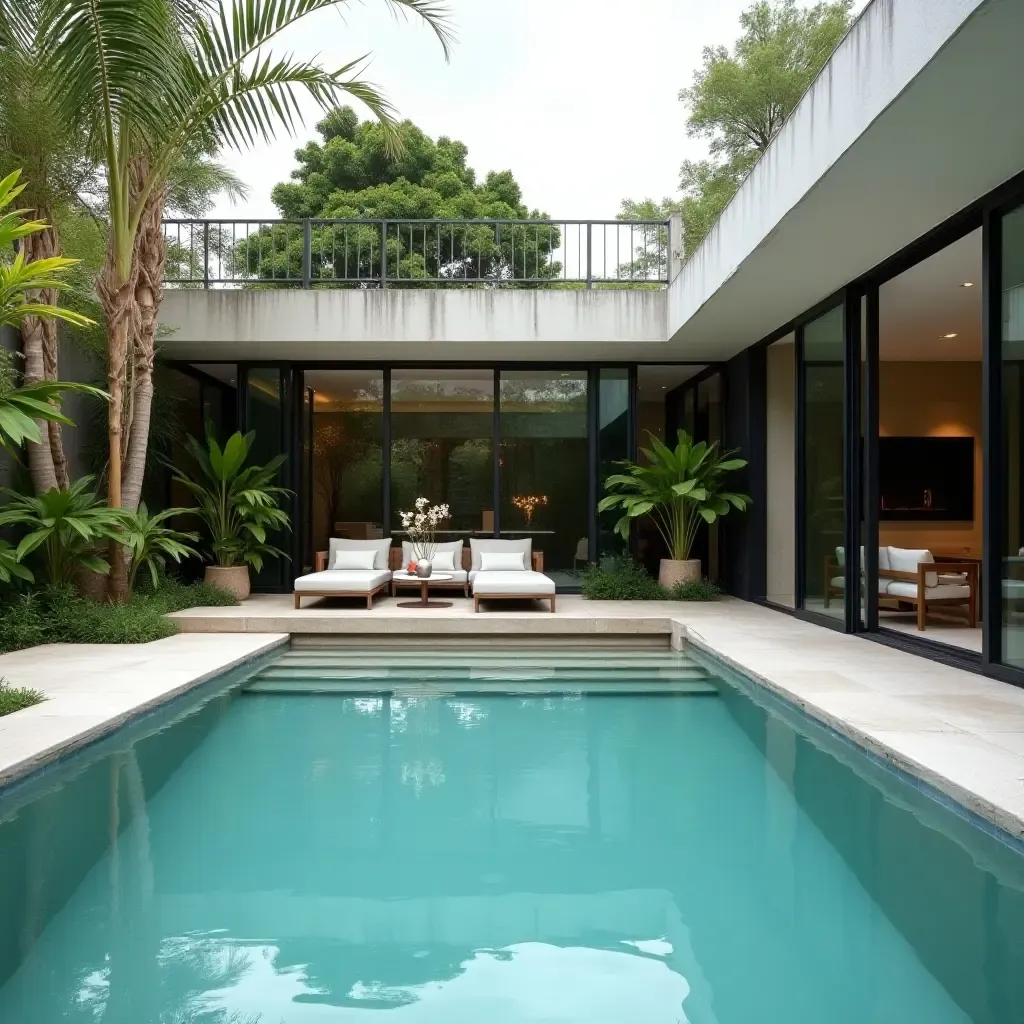 a photo of a modern pool area with sleek furniture and vibrant plants