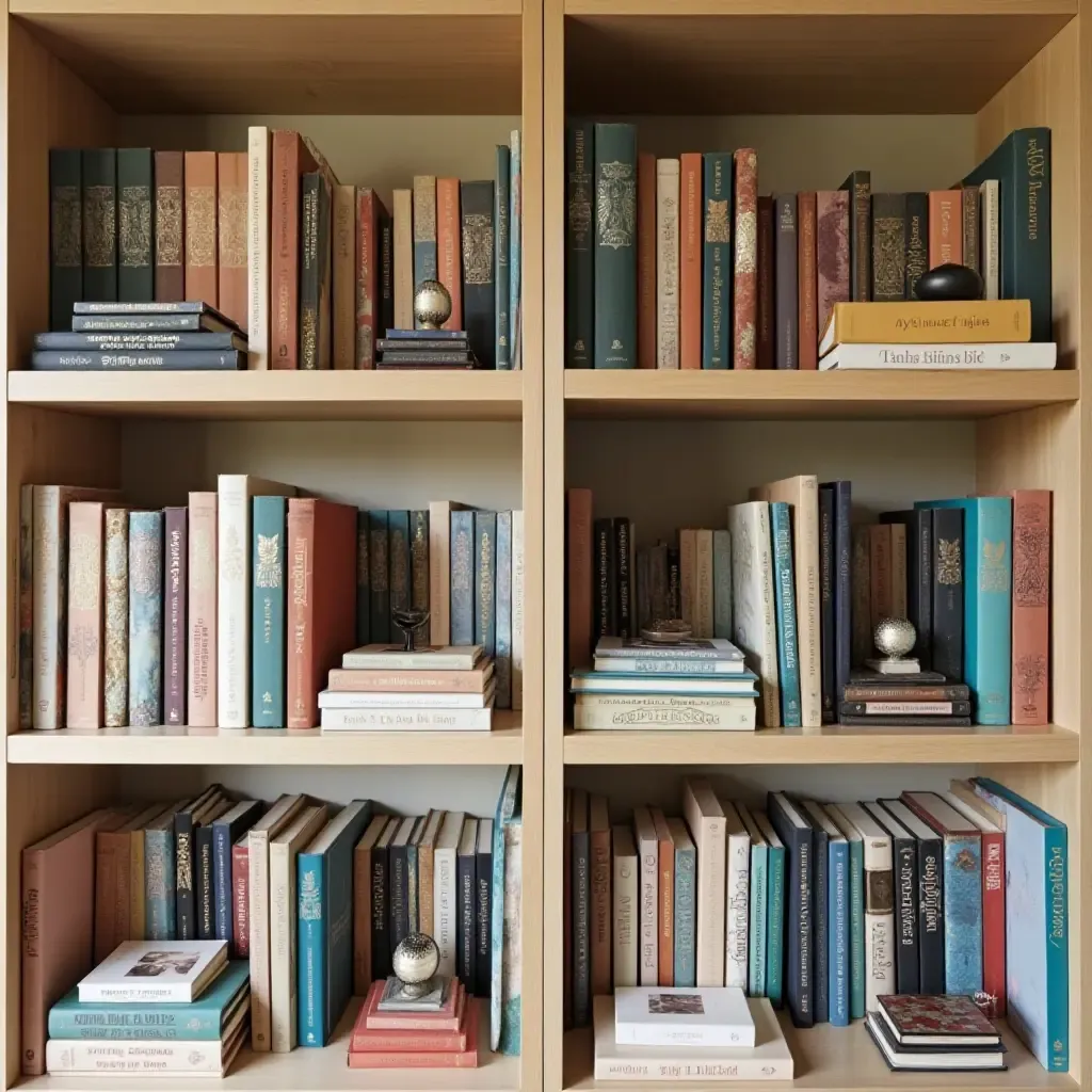 a photo of an organized library shelf with color-coordinated books and decorative boxes