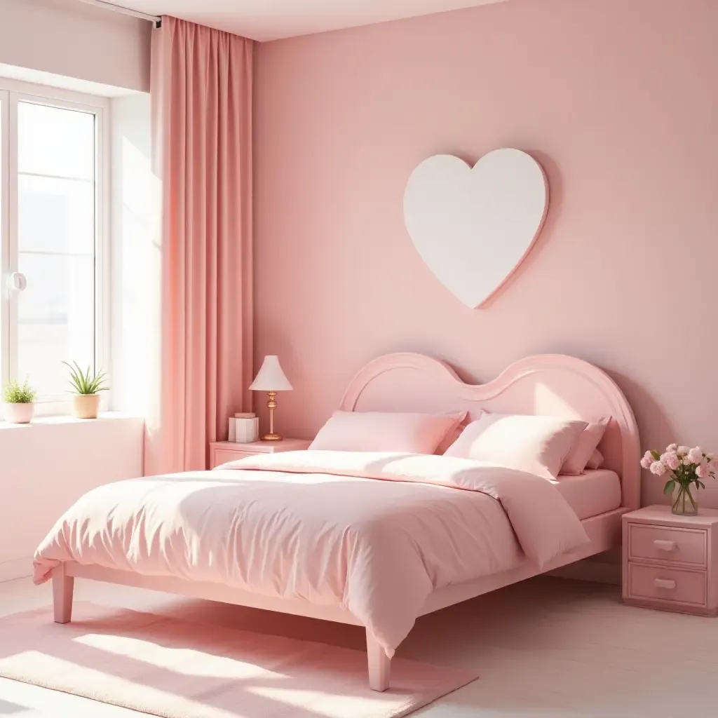 a photo of a bedroom with a heart-shaped bed and soft pink accents