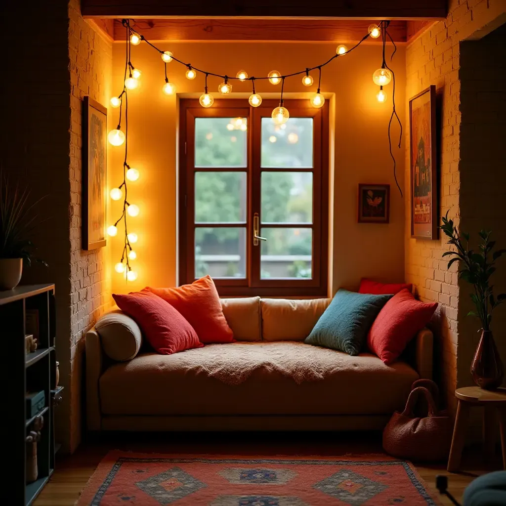 a photo of a cozy reading nook in a basement with colorful cushions and fairy lights